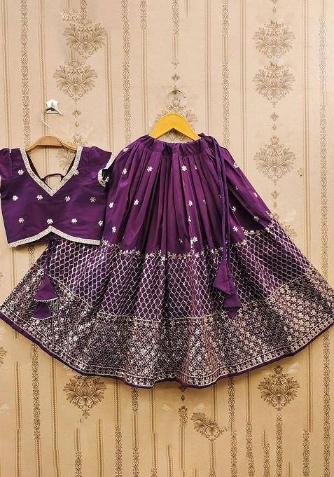 Girls Embroidered Sequinned Foil Print Ready To Wear Lehenga And — view on Indya