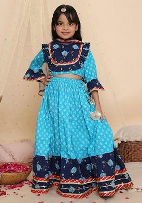 Girls Printed Ready To Wear Cotton Lehenga Choli With Dupatta