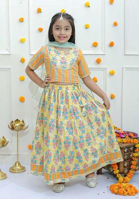 Girls Floral Printed Cotton Ready To Wear Lehenga And Blouse With Dupatta