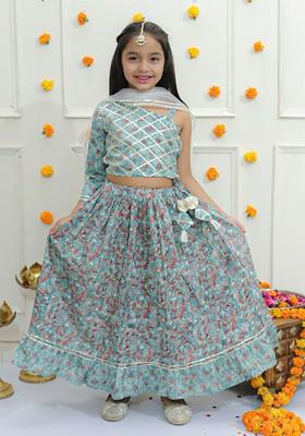 Girls Floral Printed Cotton Ready To Wear Lehenga And Blouse With Dupatta