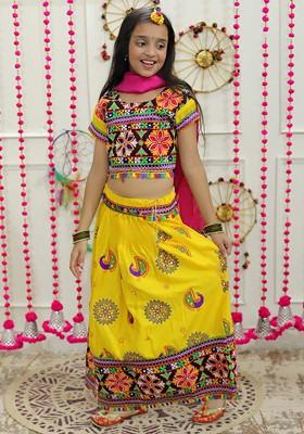 Girls Embroidered Thread Work Cotton Lehenga And Blouse With Dupatta