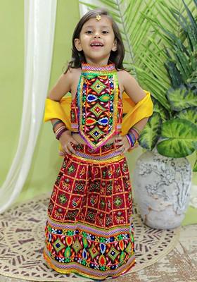 Girls Embroidered Thread Work Cotton Lehenga And Blouse With Dupatta