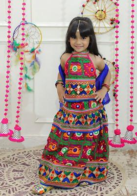 Girls Embroidered Thread Work Cotton Lehenga And Blouse With Dupatta