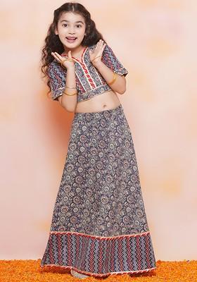 Girls Printed V Neck Gotta Patti Cotton Ready To Wear Lehenga Choli