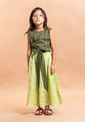 Girls Green Printed Pure Cotton Lehenga Choli
