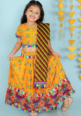Girls Yellow And Green Printed Cotton Lehenga And Blouse With Dupatta