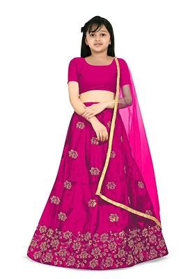 Girls Embroidered Sequinned Ready To Wear Lehenga And Blouse With Dupatta