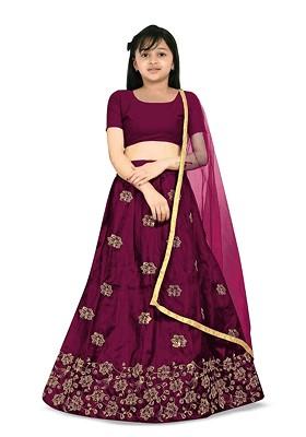 Girls Embroidered Sequinned Ready To Wear Lehenga And Blouse With Dupatta
