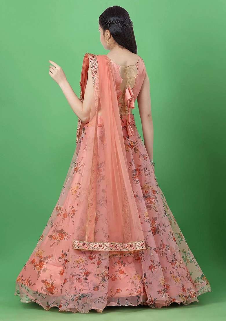 Girls Floral Printed Organza Lehenga And Blouse With Dupatta - Indya