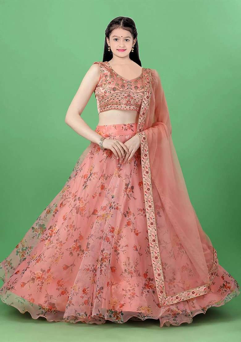 Girls Floral Printed Organza Lehenga And Blouse With Dupatta - Indya