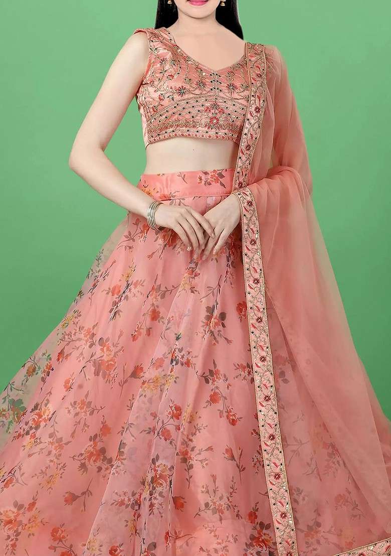 Girls Floral Printed Organza Lehenga And Blouse With Dupatta - Indya