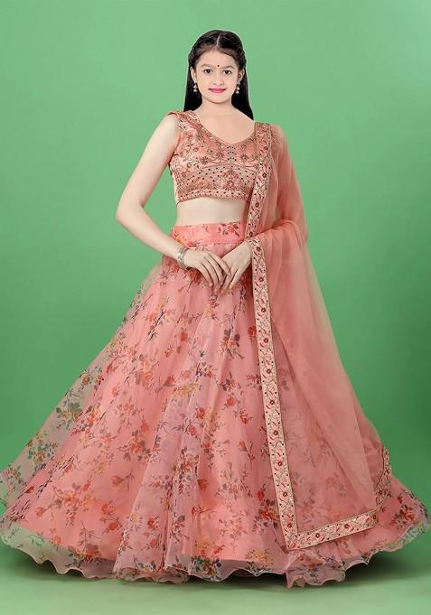 Girls Floral Printed Organza Lehenga And Blouse With Dupatta — view on Indya