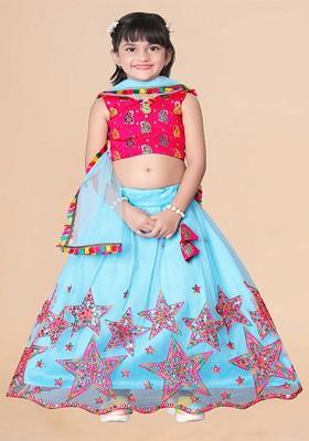 Girls Embroidered Sequinned Ready To Wear Lehenga And Blouse With Dupatta