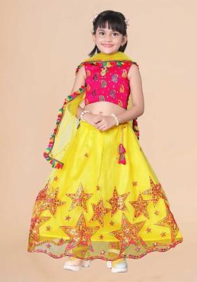 Girls Embroidered Sequinned Ready To Wear Lehenga And Blouse With Dupatta