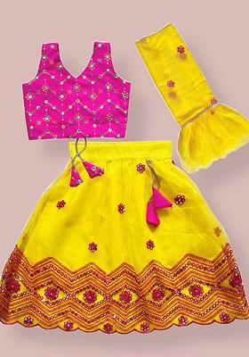 Girls Embroidered Sequinned Ready To Wear Lehenga And Blouse With Dupatta