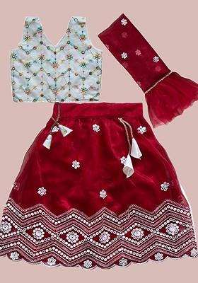 Girls Embroidered Sequinned Ready To Wear Lehenga And Blouse With Dupatta