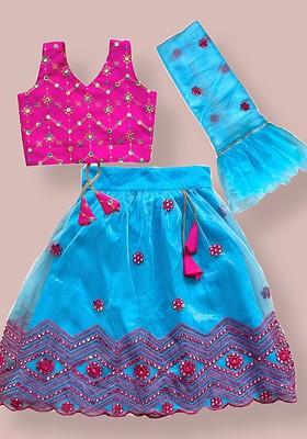 Girls Embroidered Sequinned Ready To Wear Lehenga And Blouse With Dupatta