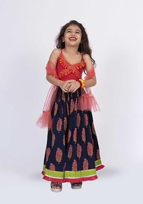Girls Striped Printed Gotta Patti Cotton Frilled Top With Lehenga And Dupatta