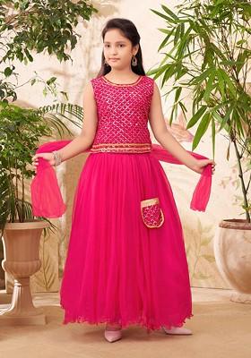Girls Sequinned Embroidered Lehenga Choli With Dupatta And Attached Bag