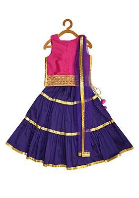 Girls Fuchsia And Navy Blue Embellished Lehenga Set With Net Dupatta