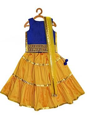 Girls Blue And Yellow Embellished Lehenga And Blouse With Net Dupatta