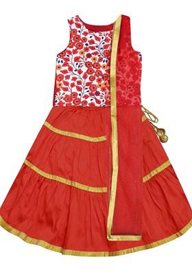 Girls Red And Gold Toned Embroidered Ready To Wear Lehenga Choli With Net Dupatta