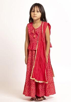 Red Girls Bandhani Printed Mirror Work Pure Cotton Ready To Wear Lehenga Choli