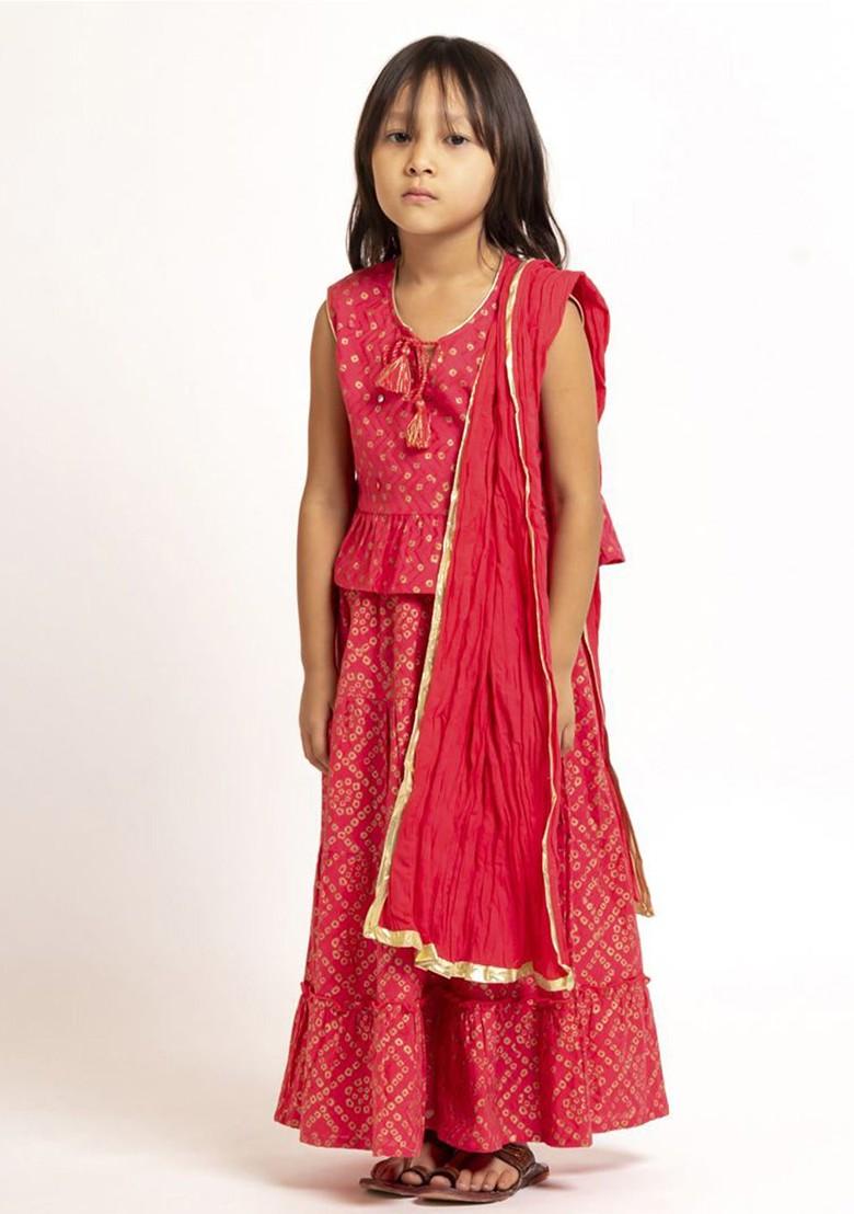 Red Girls Bandhani Printed Mirror Work Pure Cotton Ready To Wear Lehenga Choli