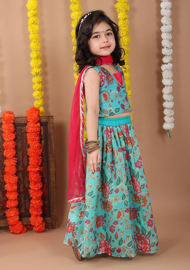Girls Floral Printed Gotta Patti Ready To Wear Cotton Lehenga With Choli And Dupatta