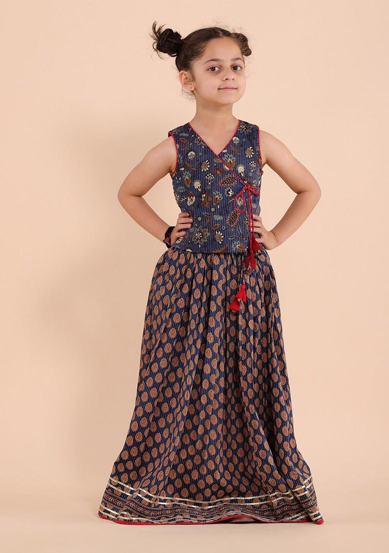 Girls Blue Floral Printed Gotta Patti Pure Cotton Round Neck Lehenga Choli