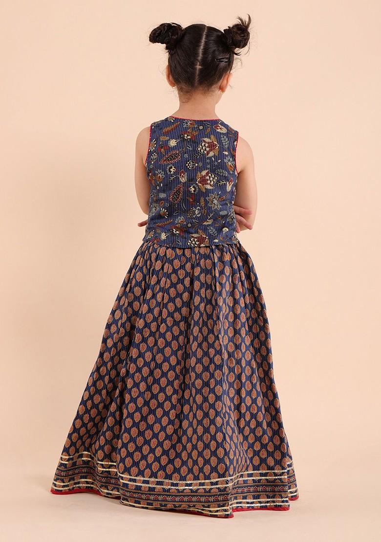 Girls Blue Floral Printed Gotta Patti Pure Cotton Round Neck Lehenga Choli