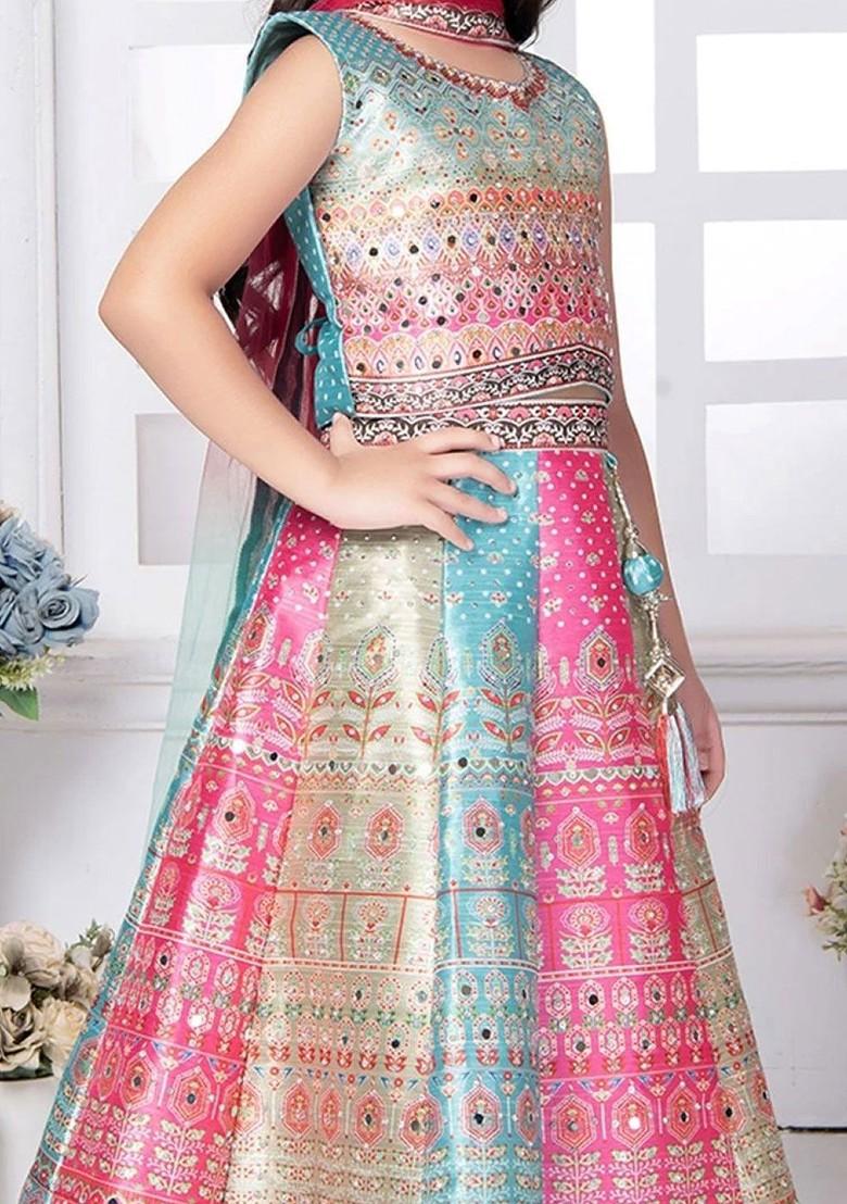 Girls Embellished Mirror Work Ready To Wear Lehenga And Blouse With Dupatta