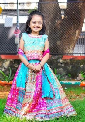 Girls Embellished Mirror Work Ready To Wear Lehenga And Blouse With Dupatta