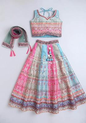 Girls Embellished Mirror Work Ready To Wear Lehenga And Blouse With Dupatta