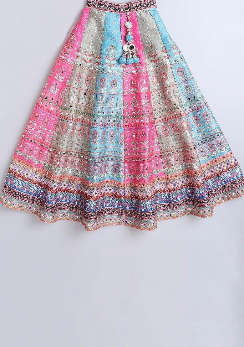 Girls Embellished Mirror Work Ready To Wear Lehenga And Blouse With Dupatta