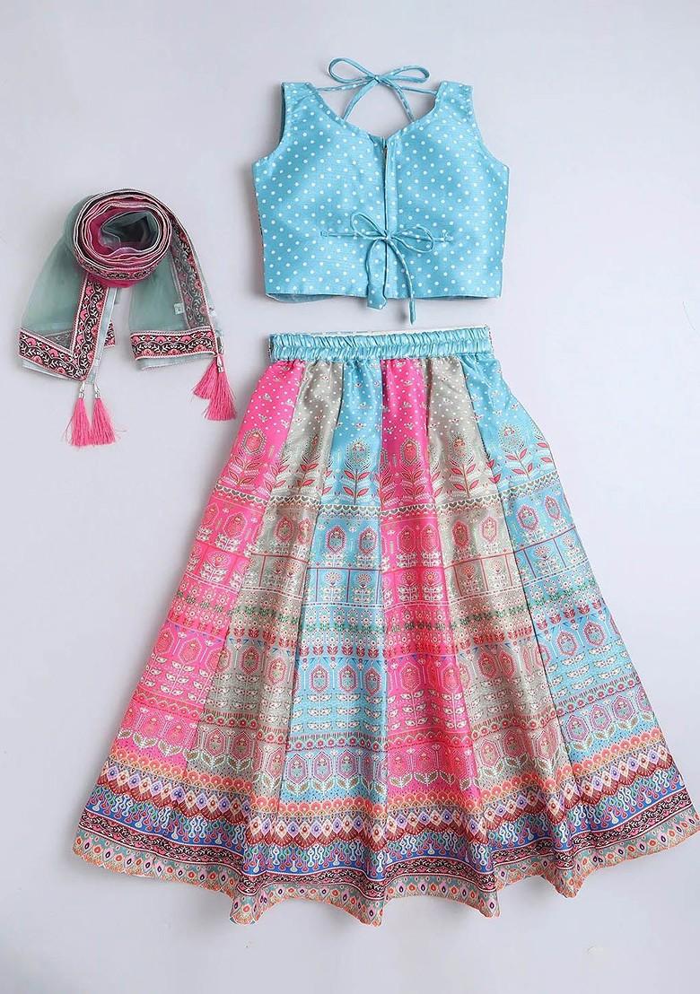 Girls Embellished Mirror Work Ready To Wear Lehenga And Blouse With Dupatta