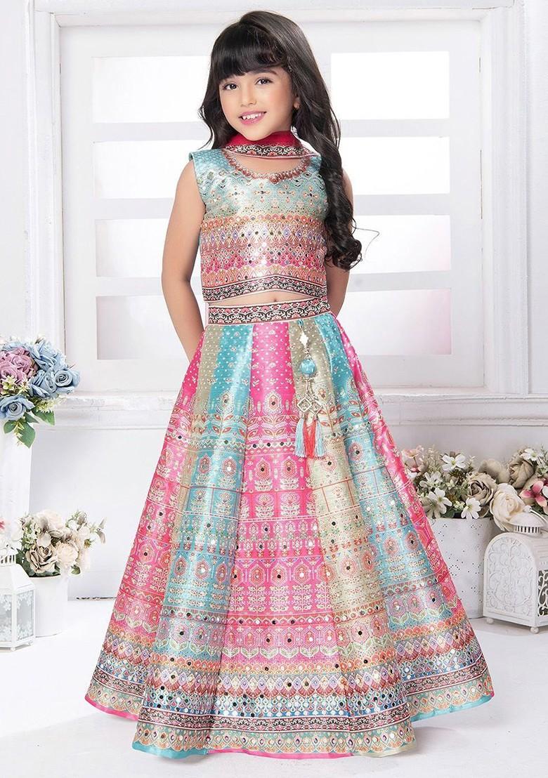 Girls Embellished Mirror Work Ready To Wear Lehenga And Blouse With Dupatta