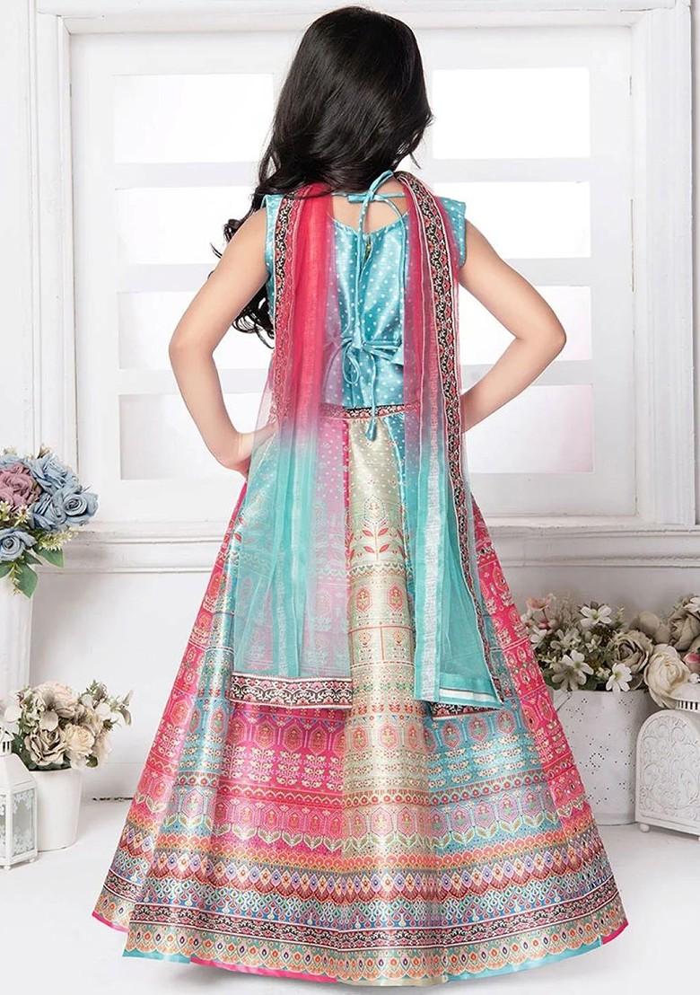 Girls Embellished Mirror Work Ready To Wear Lehenga And Blouse With Dupatta