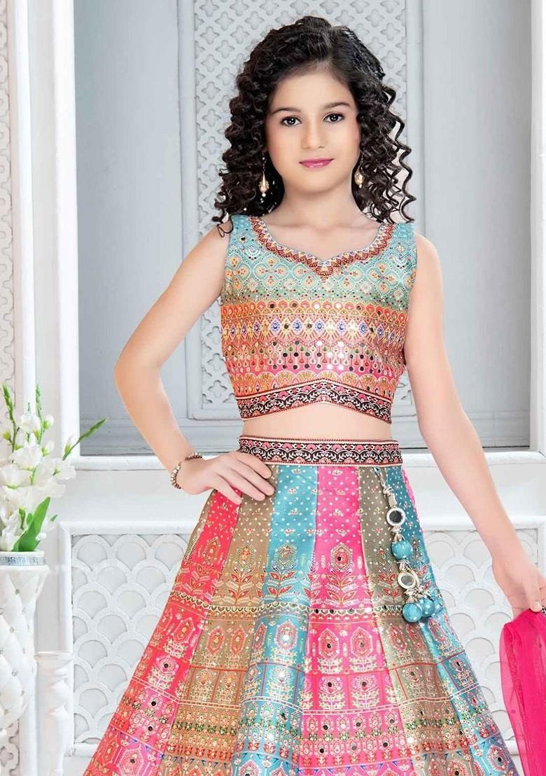 Girls Embellished Mirror Work Ready To Wear Lehenga And Blouse With Dupatta