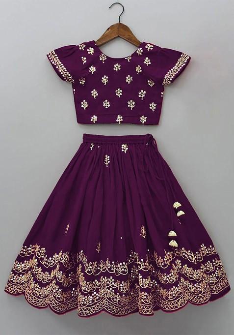 Girls Embroidered Sequinned Ready To Wear Lehenga With Top — view on Indya