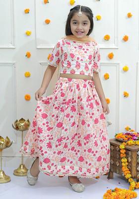 Girls Floral Printed Gotta Patti Cotton Ready To Wear Lehenga And Blouse With Dupatta