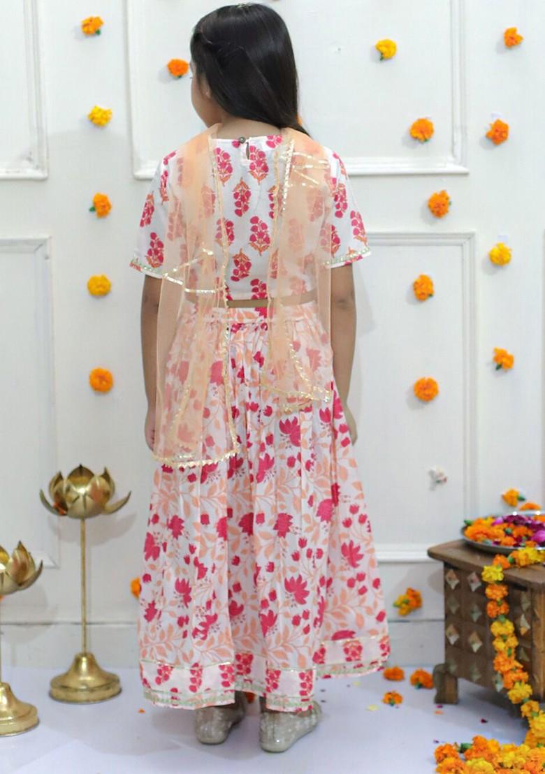 Girls Floral Printed Gotta Patti Cotton Ready To Wear Lehenga And Blouse With Dupatta