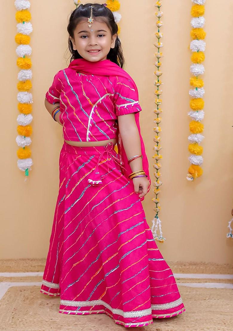 Girls Striped Gotta Patti Cotton Ready To Wear Lehenga And Blouse With Dupatta