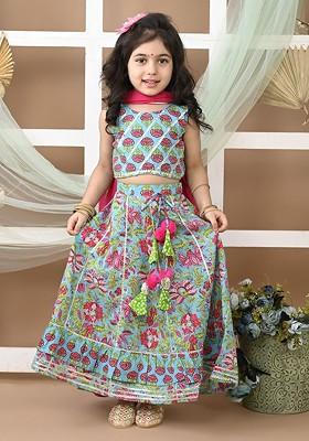 Girls Floral Printed Cotton Ready To Wear Lehenga And Blouse With Dupatta
