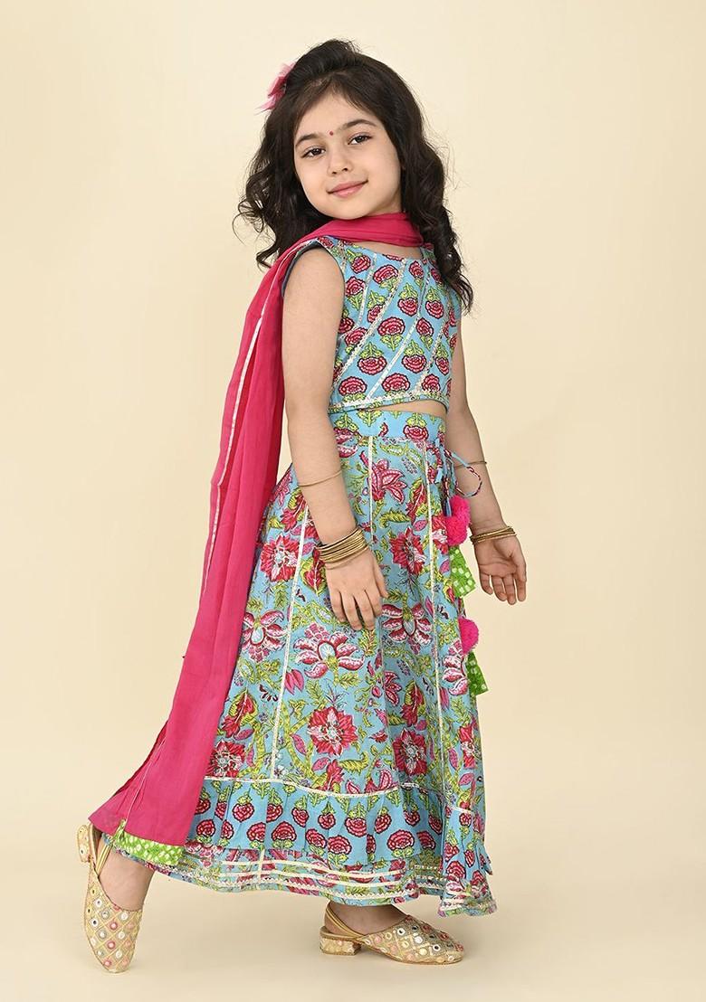 Girls Floral Printed Cotton Ready To Wear Lehenga And Blouse With Dupatta