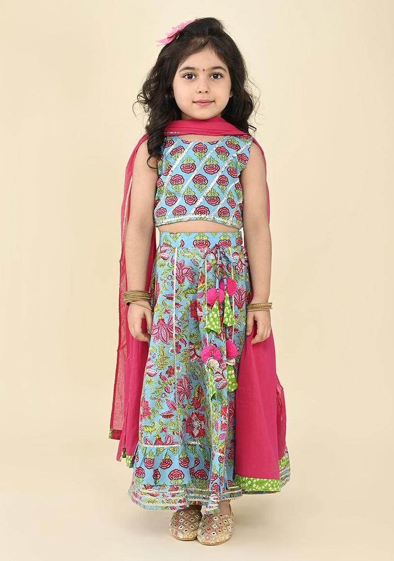 Girls Floral Printed Cotton Ready To Wear Lehenga And Blouse With Dupatta