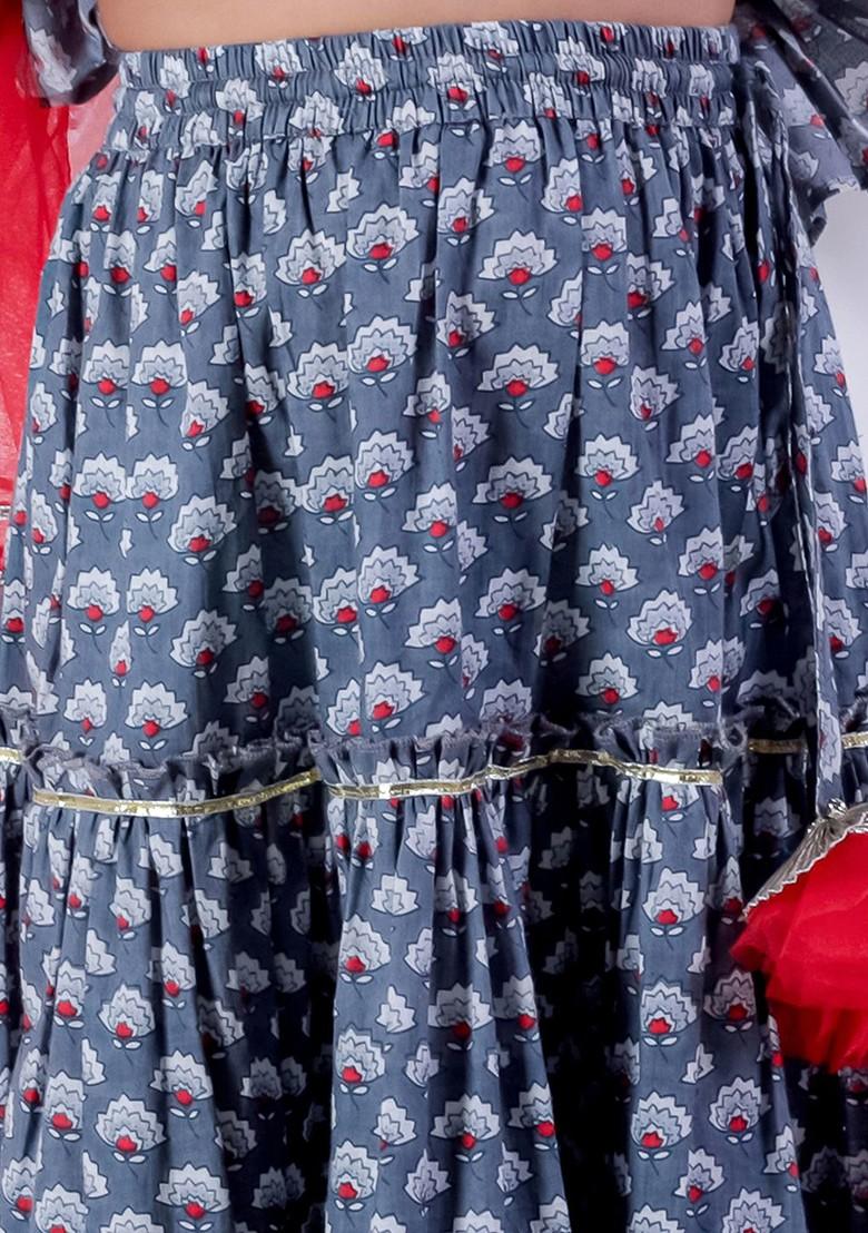 Girls Floral Printed Ready To Wear Cotton Lehenga And Blouse With Dupatta