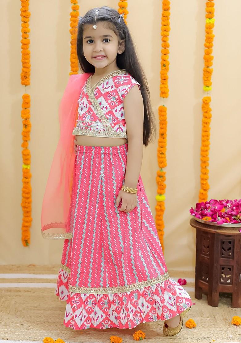 Girls Ethnic Motifs Printed Ready To Wear Cotton Lehenga And Blouse With Dupatta