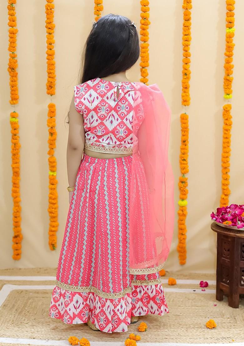 Girls Ethnic Motifs Printed Ready To Wear Cotton Lehenga And Blouse With Dupatta