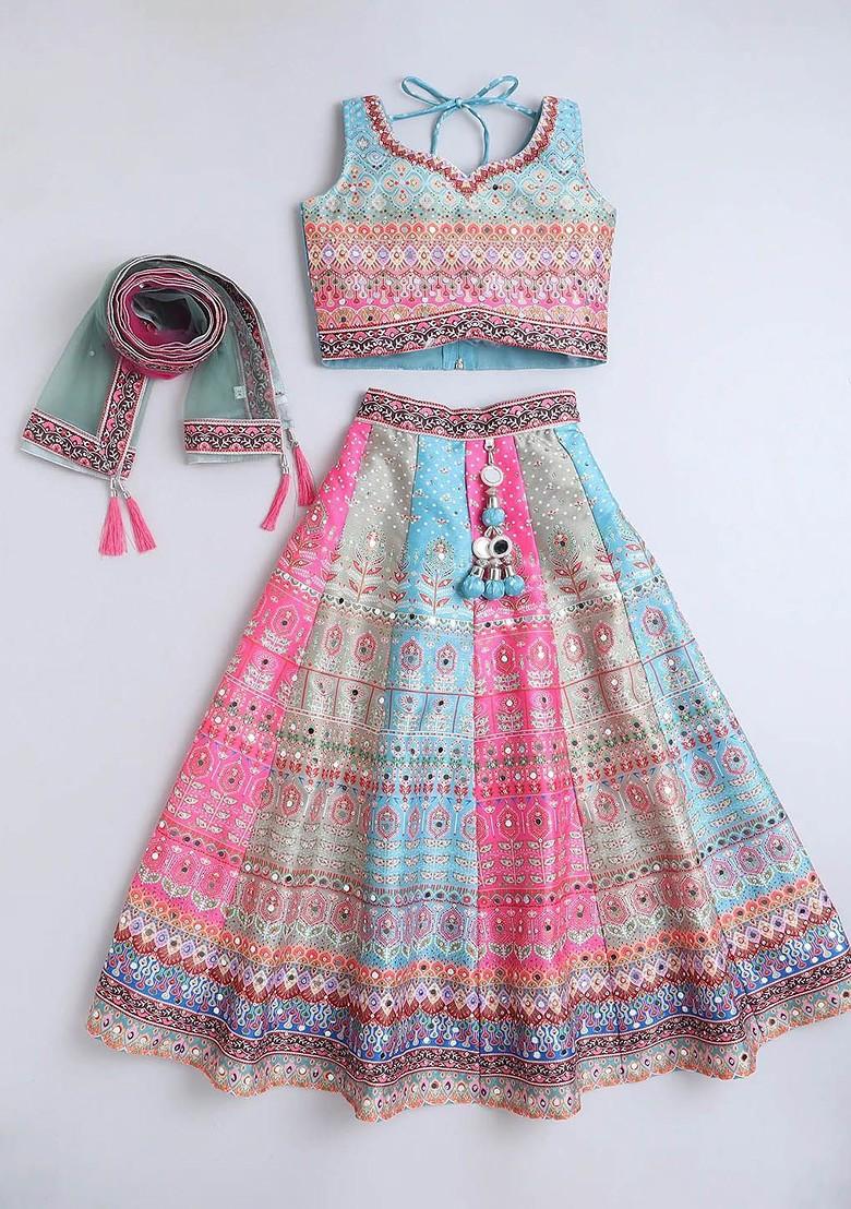 Girls Embellished Mirror Work Ready To Wear Lehenga And Blouse With Dupatta